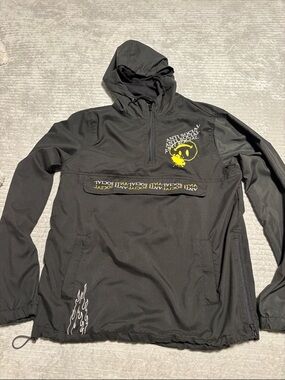 Rue 21 Black Hooded Windbreaker Jacket with Yellow Graphic